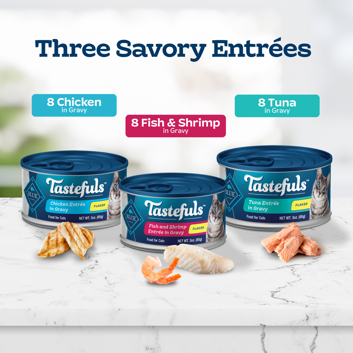 slide 15 of 29, BLUE TASTEFULS Blue Buffalo Tastefuls Natural Flaked Wet Cat Food Variety Pack, Tuna, Chicken and Fish & Shrimp Entrées in Gravy 3-oz Cans (24 Count, 8 of Each Flavor), 24 ct