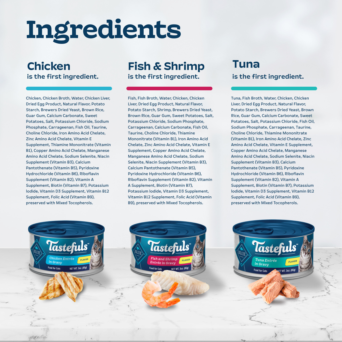 slide 6 of 29, BLUE TASTEFULS Blue Buffalo Tastefuls Natural Flaked Wet Cat Food Variety Pack, Tuna, Chicken and Fish & Shrimp Entrées in Gravy 3-oz Cans (24 Count, 8 of Each Flavor), 24 ct
