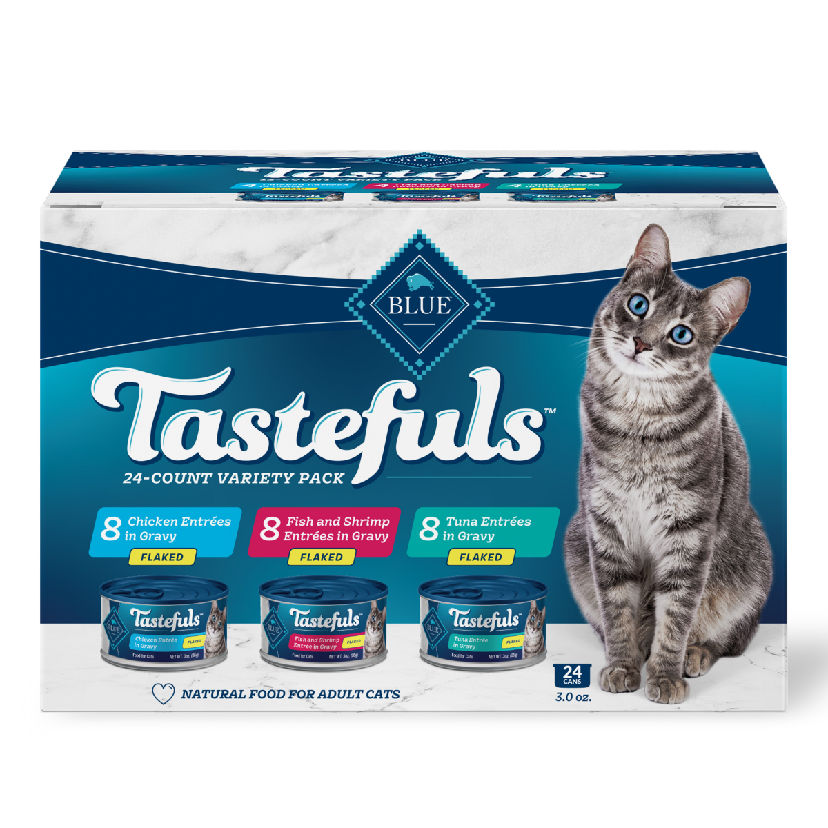 slide 1 of 29, BLUE TASTEFULS Blue Buffalo Tastefuls Natural Flaked Wet Cat Food Variety Pack, Tuna, Chicken and Fish & Shrimp Entrées in Gravy 3-oz Cans (24 Count, 8 of Each Flavor), 24 ct
