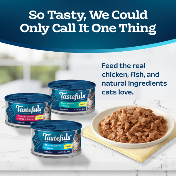slide 4 of 29, BLUE TASTEFULS Blue Buffalo Tastefuls Natural Flaked Wet Cat Food Variety Pack, Tuna, Chicken and Fish & Shrimp Entrées in Gravy 3-oz Cans (24 Count, 8 of Each Flavor), 24 ct