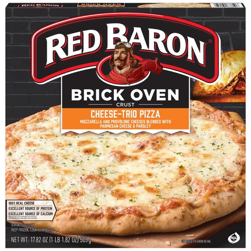 slide 1 of 1, Red Baron® frozen brick oven cheese-trio pizza, 17.82 oz