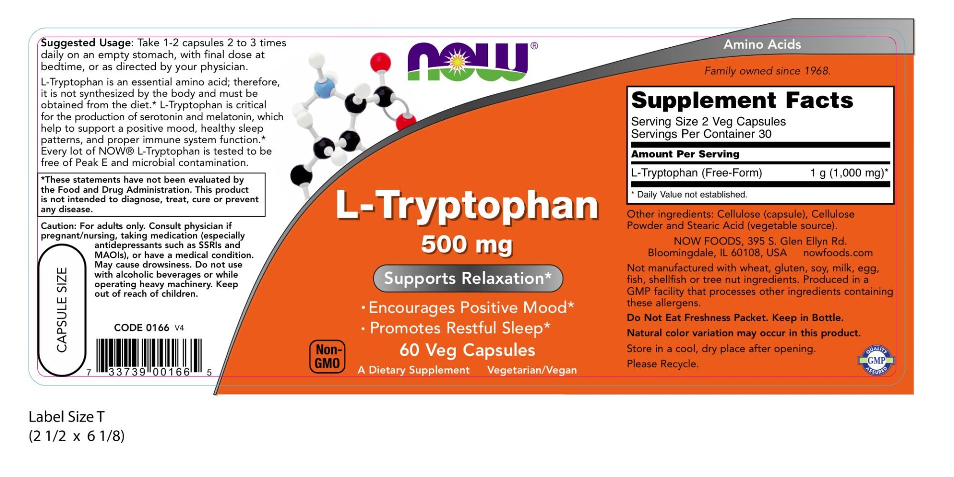 slide 2 of 2, NOW L-Tryptophan 500 mg - 60 Veg Capsules, 60 ct