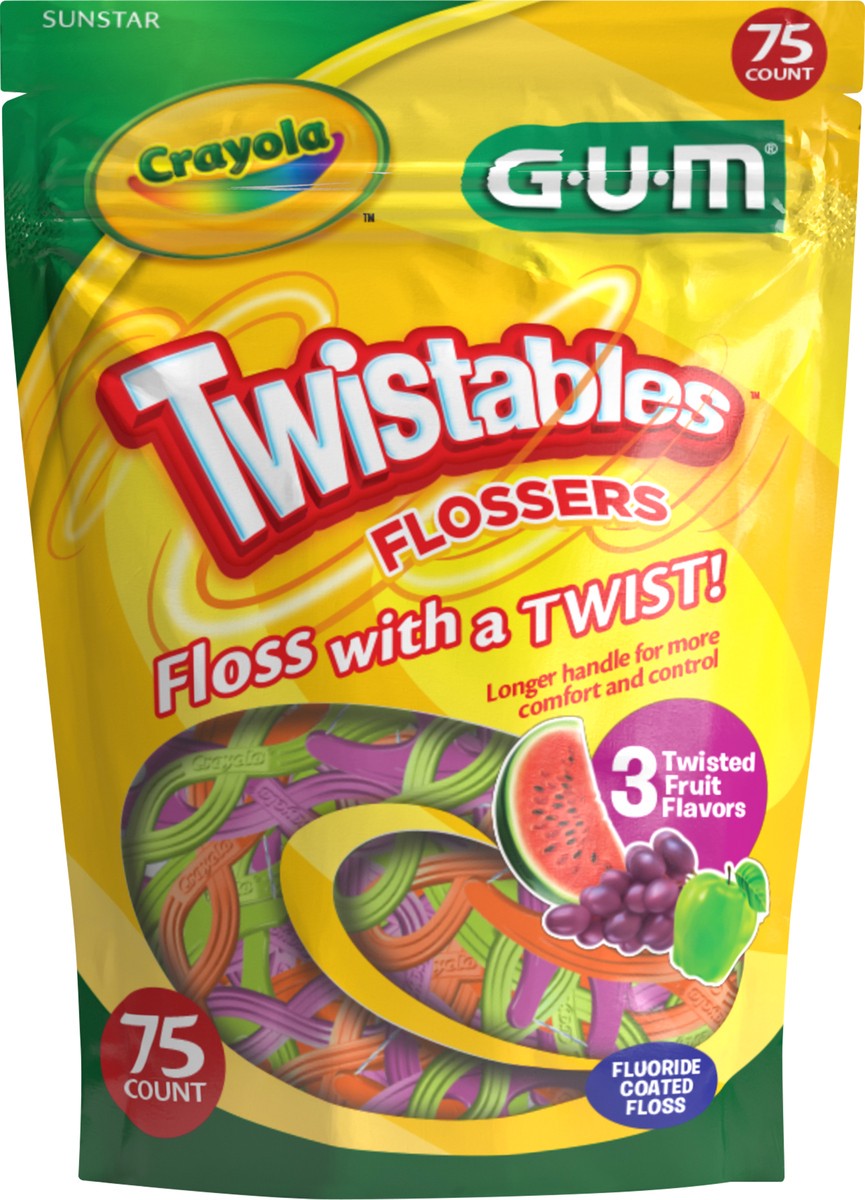 slide 1 of 3, G-U-M Crayola Twistables Fluoride Coated 3 Fruit Flossers 75 ea, 75 ct