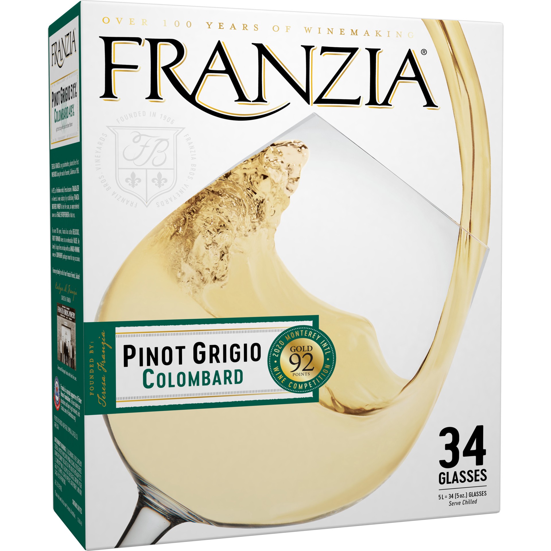 slide 1 of 7, Franzia Pinot Grigio/Colombard Vintner Select White Wine International, 5 liter