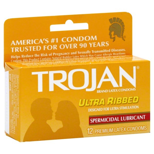 slide 1 of 1, Trojan Latex Condoms, Ultra Ribbed, Spermicidal Lubricant, 12 ct