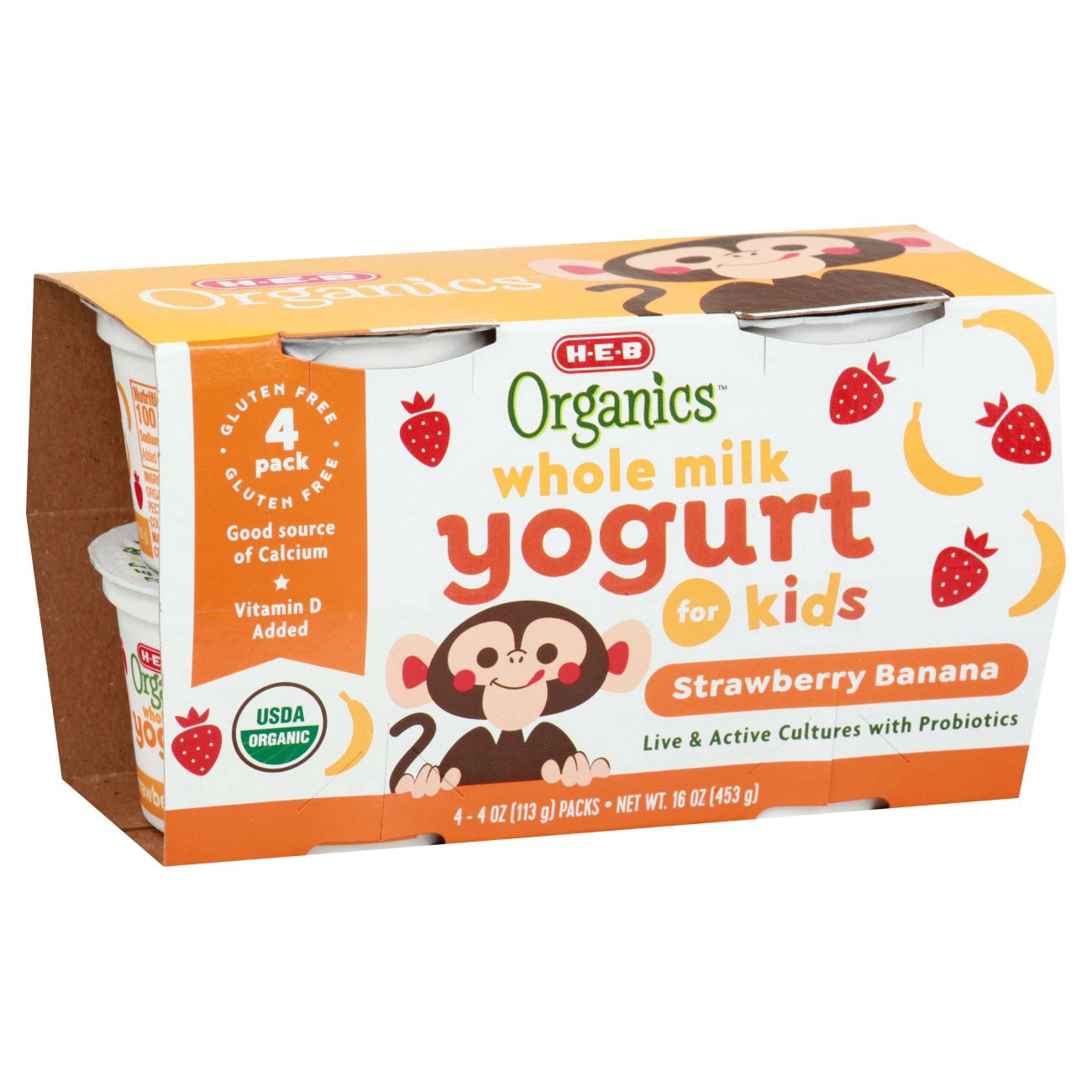 slide 1 of 1, H-E-B Organics Whole Milk Strawberry Banana Yogurt, 5 ct