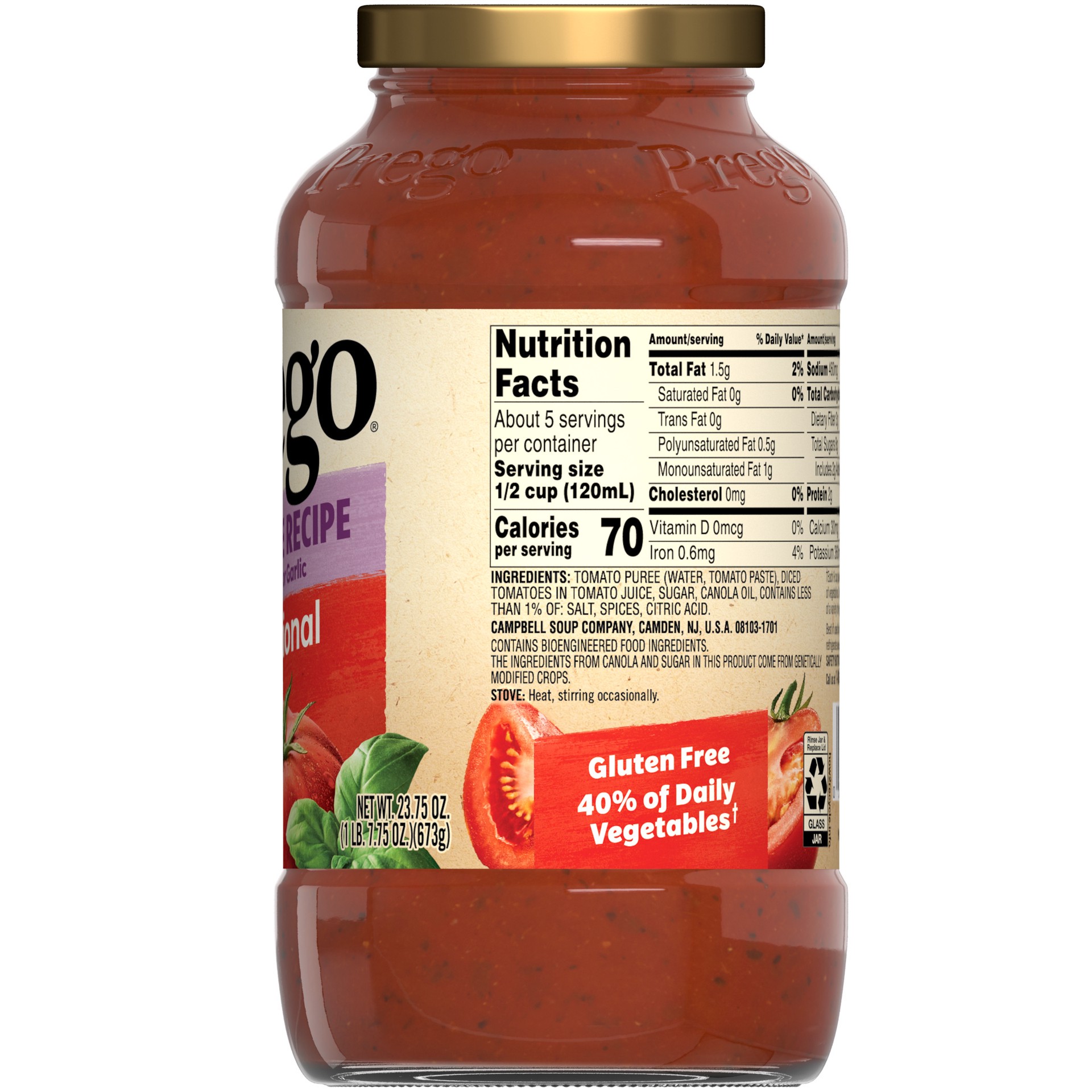 slide 5 of 5, Prego Traditional Sensitive Recipe Low FODMAP Pasta Sauce, 23.75 oz Jar, 23.75 oz