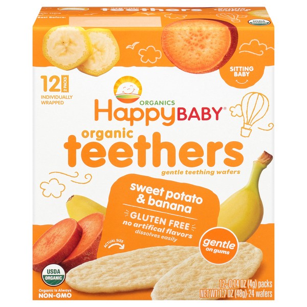 slide 1 of 9, Happy Baby Organics Organic Teethers Gluten Free Gentle Teething Wafers Sweet Potato & Banana 12-0.14 oz Packs UNIT, 12 ct