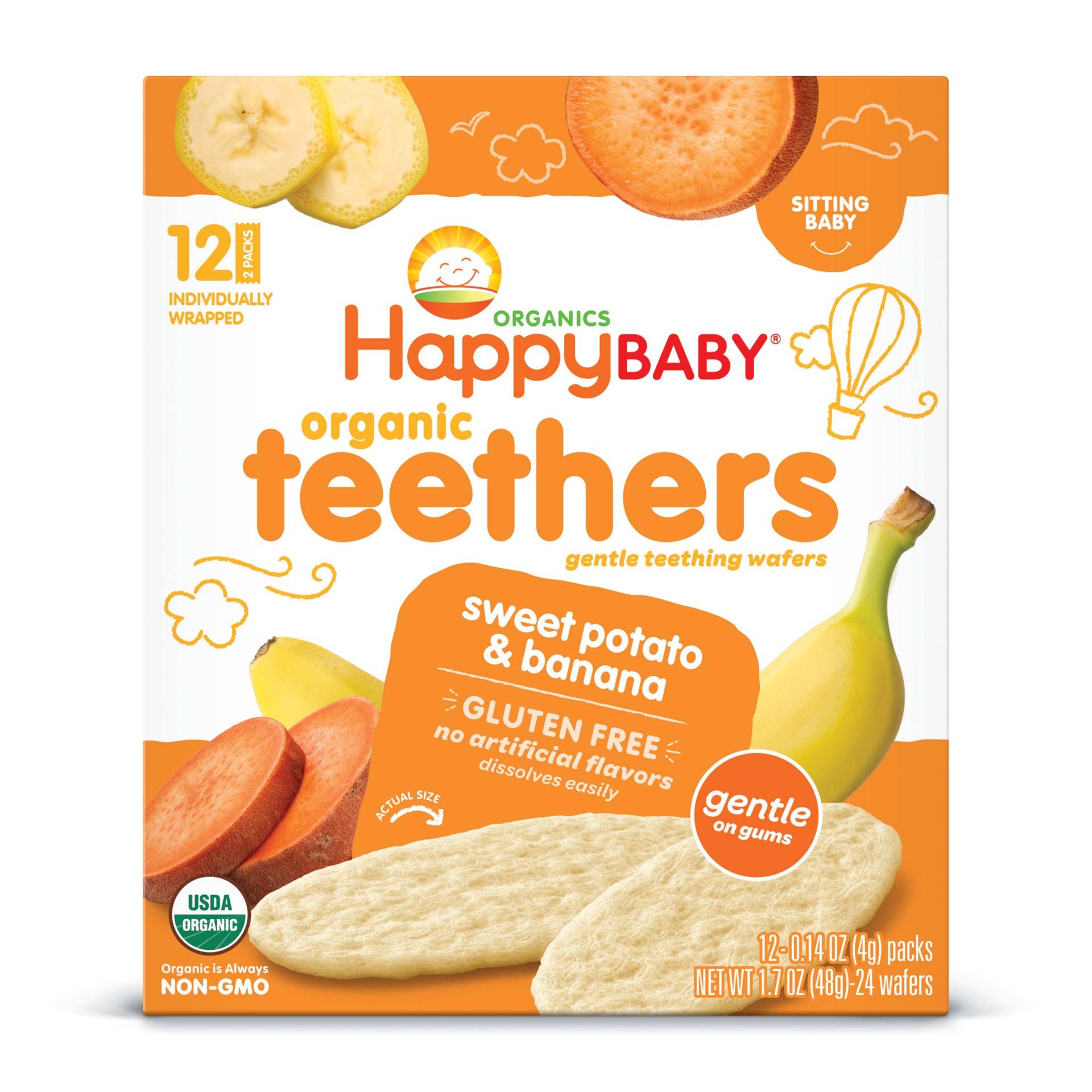 slide 1 of 9, Happy Baby Organics Organic Teethers Gluten Free Gentle Teething Wafers Sweet Potato & Banana 12-0.14 oz Packs UNIT, 12 ct; 1.7 oz