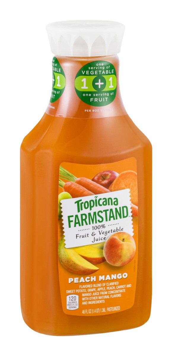 slide 2 of 9, Tropicana Farmstand 100% Fruit & Vegetable Juice Peach Mango Flavor 46 Fluid Ounce Plastic Bottle, 46 oz