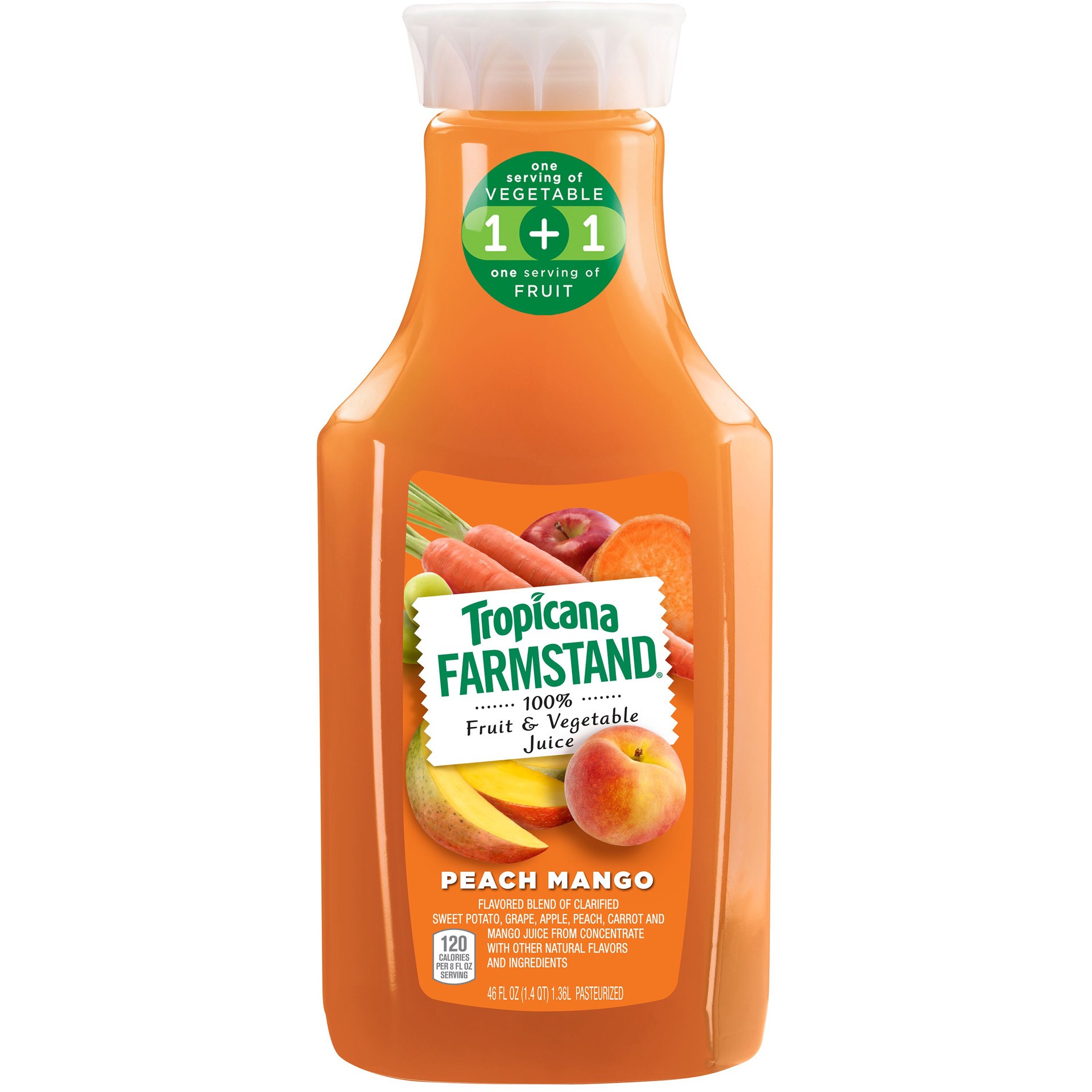 slide 1 of 9, Tropicana Farmstand 100% Fruit & Vegetable Juice Peach Mango Flavor 46 Fluid Ounce Plastic Bottle, 46 oz