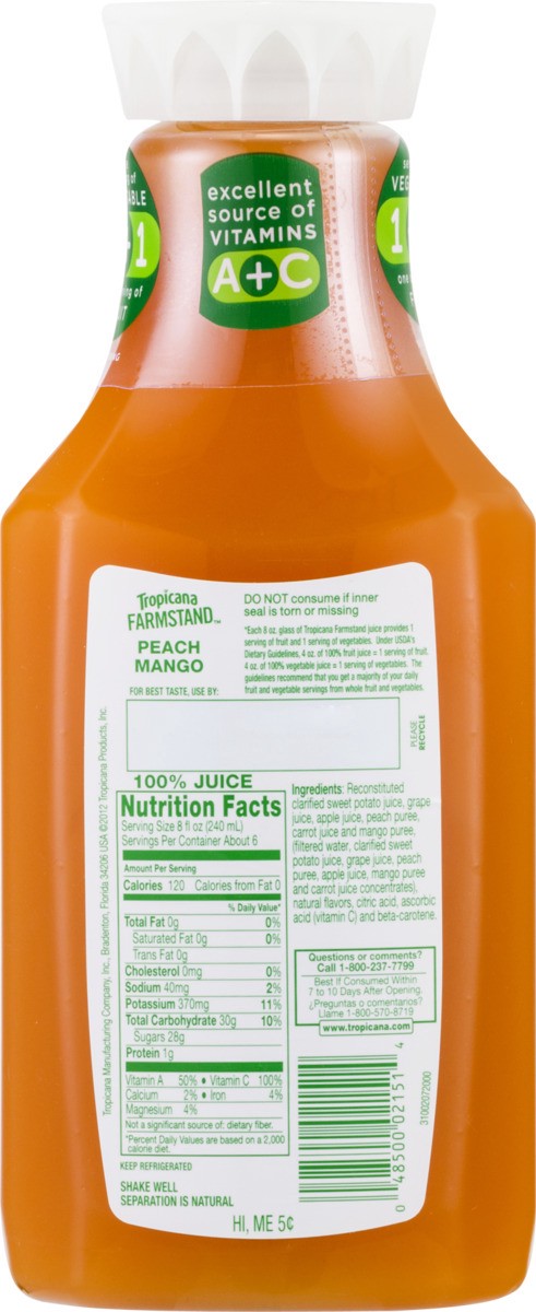 slide 9 of 9, Tropicana Farmstand 100% Fruit & Vegetable Juice Peach Mango Flavor 46 Fluid Ounce Plastic Bottle, 46 oz