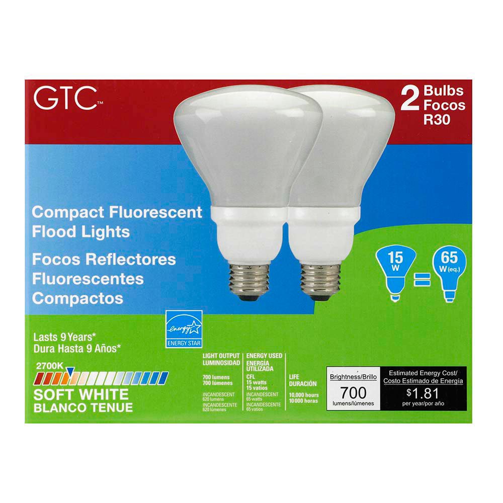 slide 1 of 1, GTC Soft White R30 15 Watt Compact Fluorescent Flood Lights, 2 ct