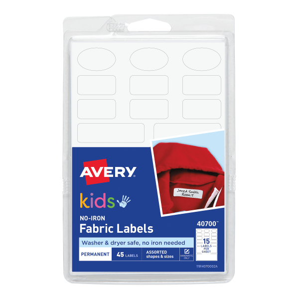 slide 1 of 5, Avery No-Iron Clothing Labels, 40700, White, Pack Of 45, 45 ct