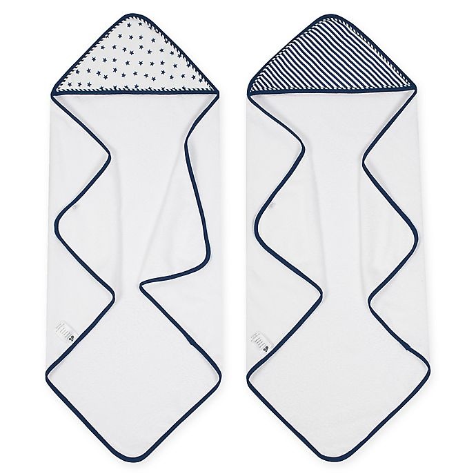 slide 1 of 2, Just Born Pom Pom Hooded Towels - Navy/White, 2 ct