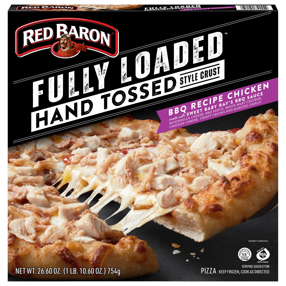 slide 1 of 16, Red Baron Fully Loaded BBQ Recipe Chicken Hand Tossed Crust Frozen Pizza, 26.6 oz