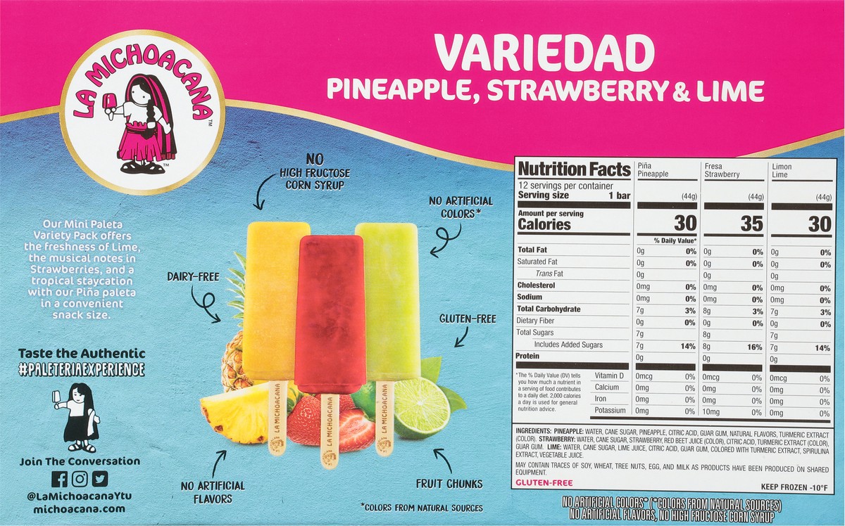 slide 5 of 9, La Michoacana Pineapple, Strawberry & Lime Frozen Fruit Bars Mini 12 ea, 12 ct