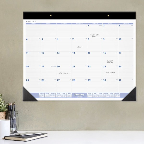 slide 7 of 7, AT-A-GLANCE® 2026 Monthly Desk Pad Calendar, Blue and Gray, Large, 24"" x 19"", 1 ct
