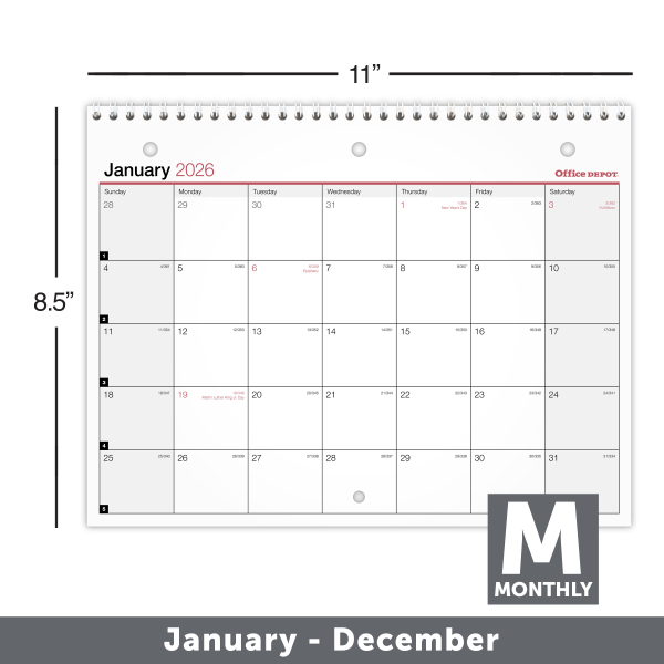 slide 2 of 2, Office Depot Brand Monthly Desk Wall Calendar, 11"" x 8 1/2"", White, January 2026 to December 2026, OD30152826, 1 ct