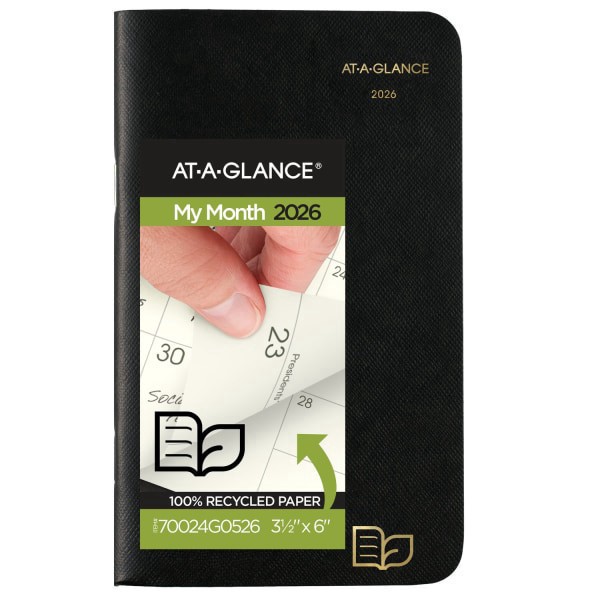 slide 1 of 10, AT-A-GLANCE® 2026-2027 Recycled Two Year Monthly Planner, Black, Pocket, 3 1/2"" x 6"", 1 ct