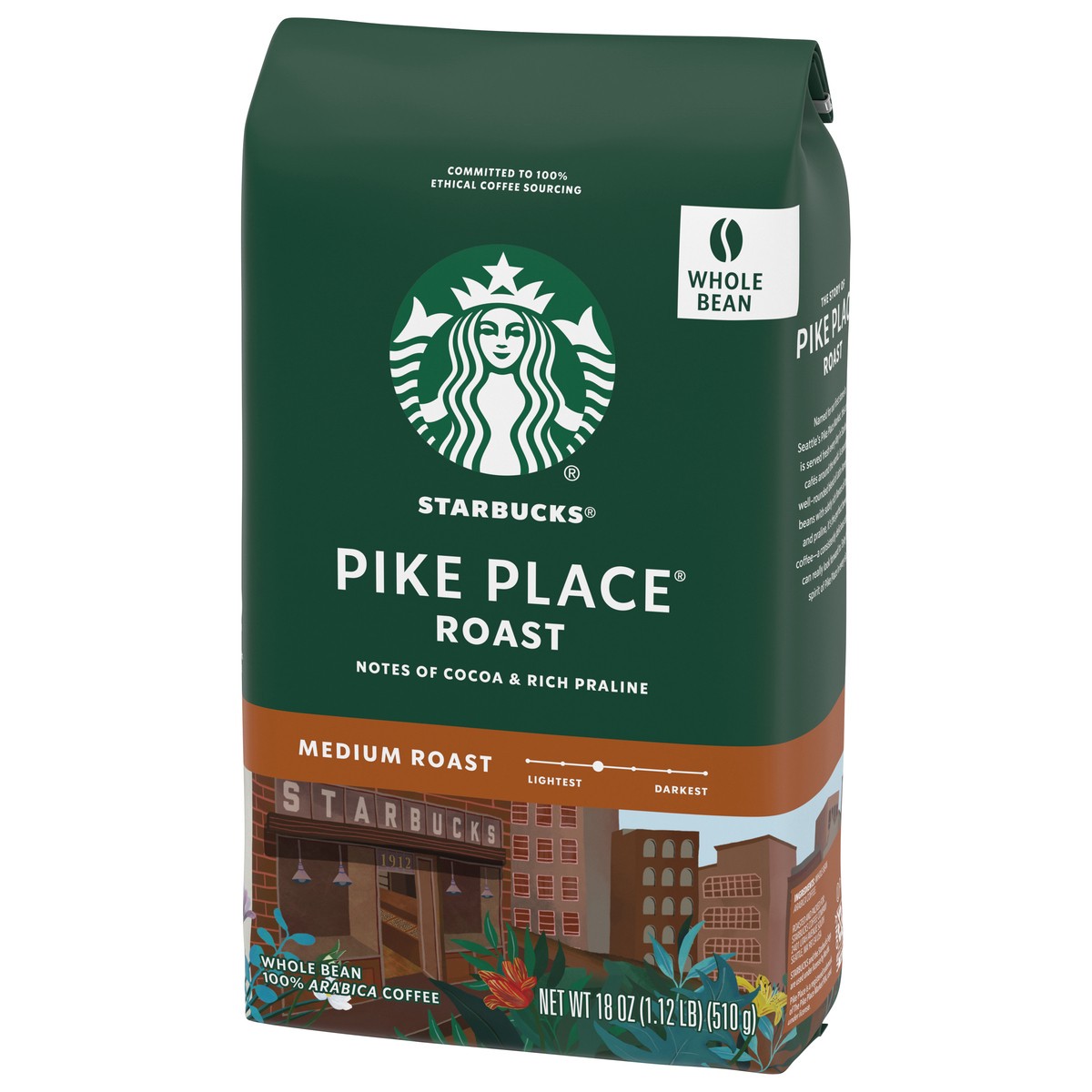 slide 4 of 9, Starbucks Whole Bean Coffee, Medium Roast Coffee, Pike Place Roast, 100% Arabica, 1 bag (18 oz), 18 oz