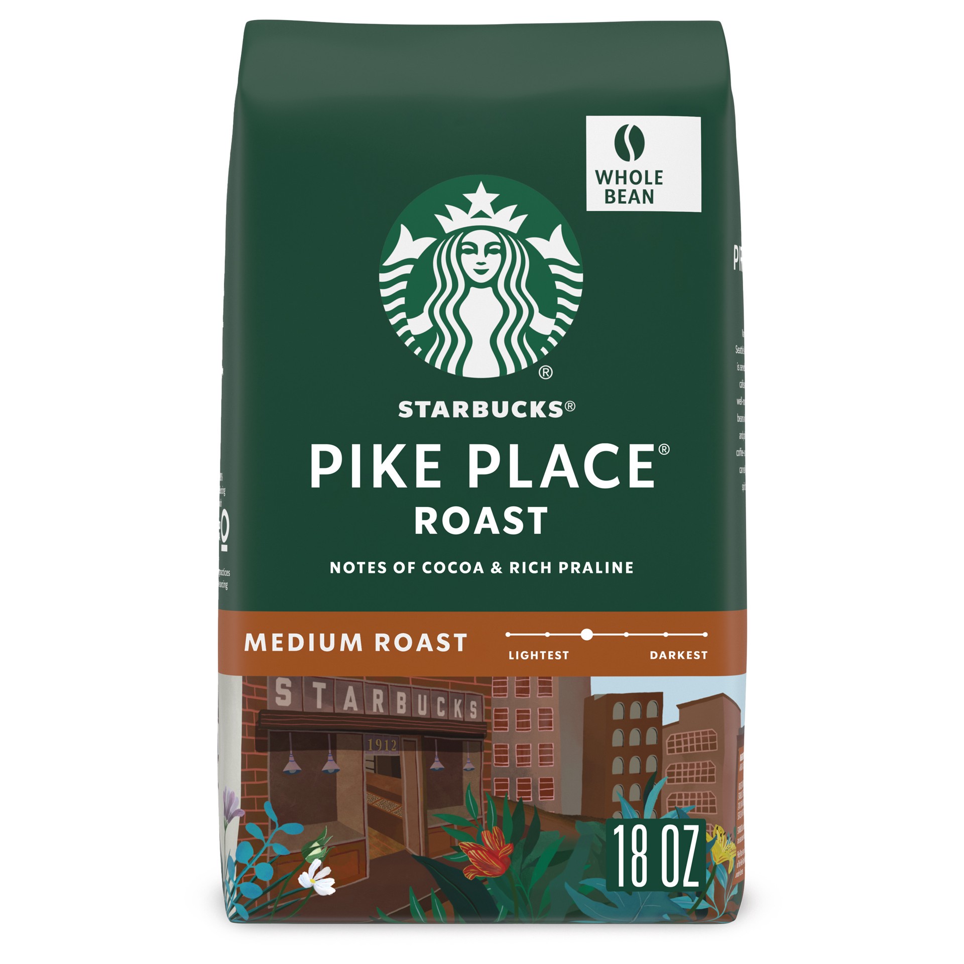 slide 1 of 9, Starbucks Whole Bean Coffee, Medium Roast Coffee, Pike Place Roast, 100% Arabica, 1 bag (18 oz), 18 oz