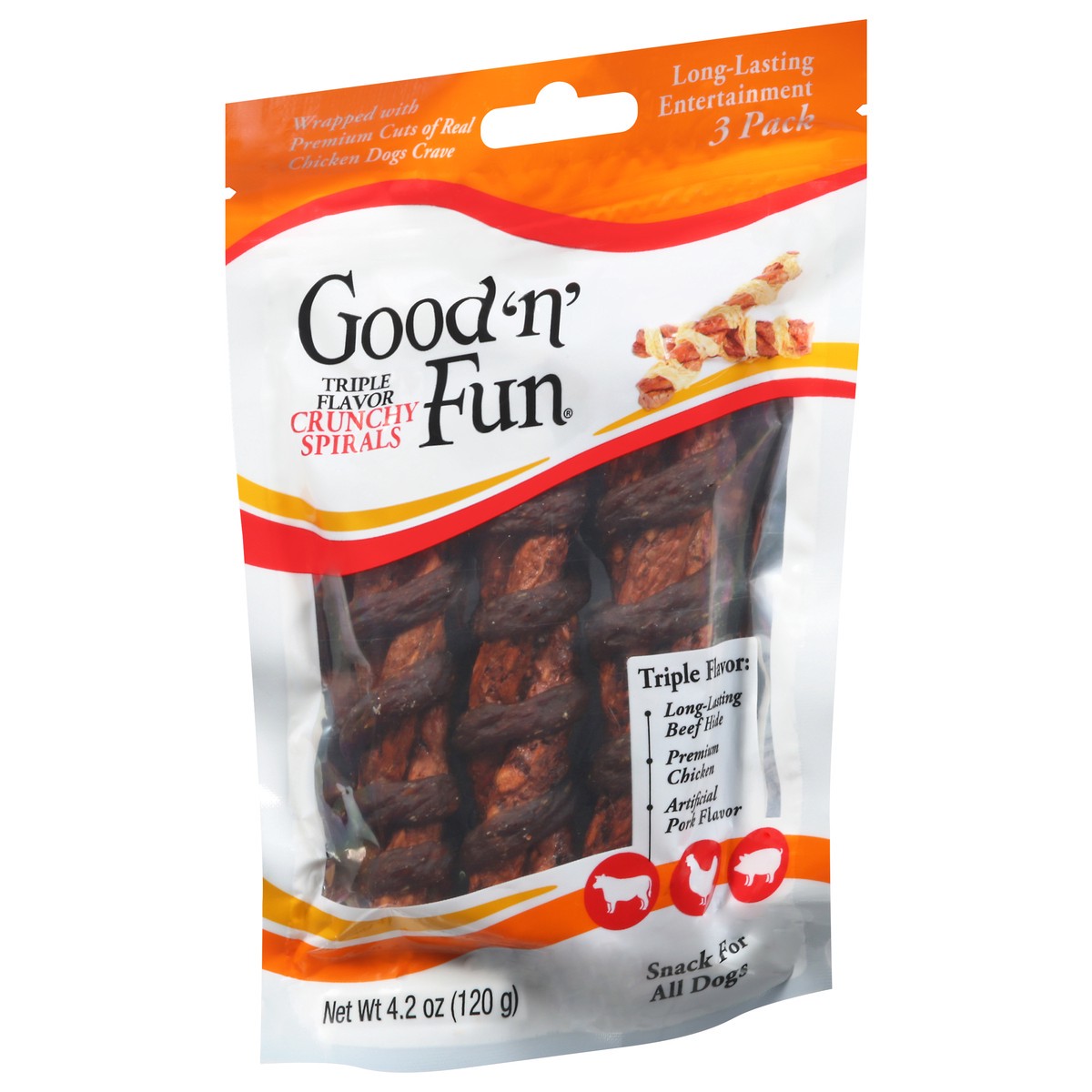 slide 9 of 13, Good 'n' Fun Crunchy Spirals Triple Flavor Dog Snack 3 Pack 4.2 oz, 4.2 oz