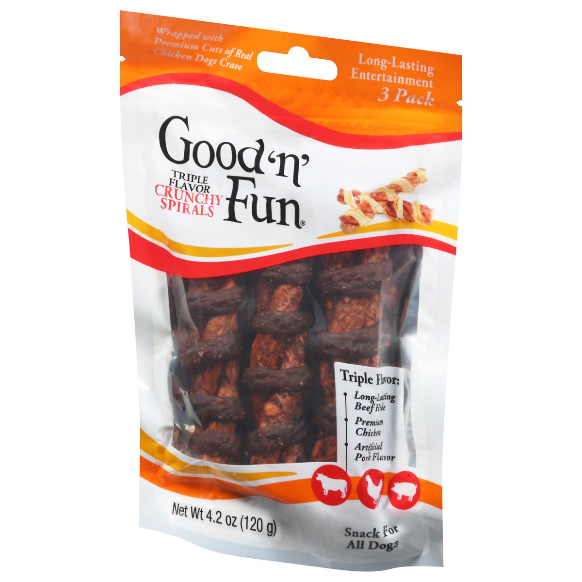 slide 4 of 13, Good 'n' Fun Crunchy Spirals Triple Flavor Dog Snack 3 Pack 4.2 oz, 4.2 oz