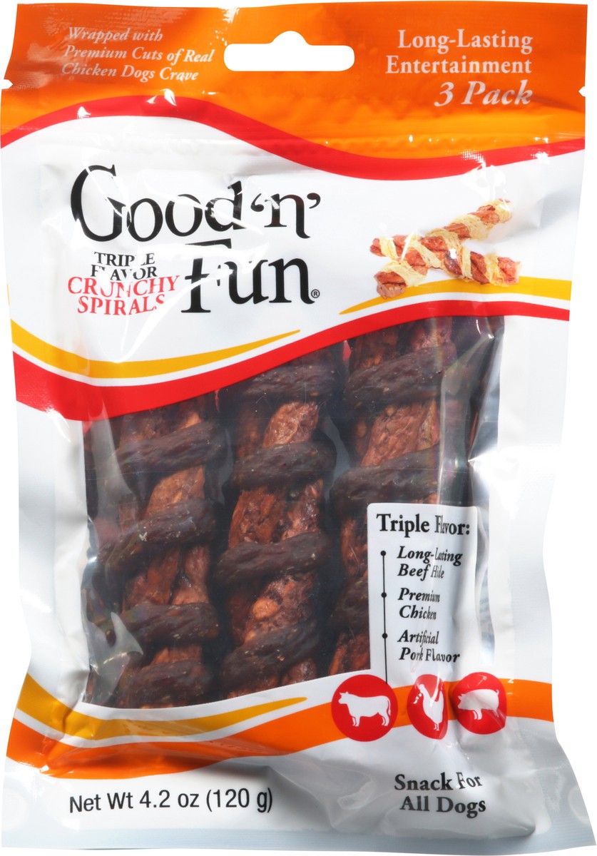 slide 2 of 13, Good 'n' Fun Crunchy Spirals Triple Flavor Dog Snack 3 Pack 4.2 oz, 4.2 oz