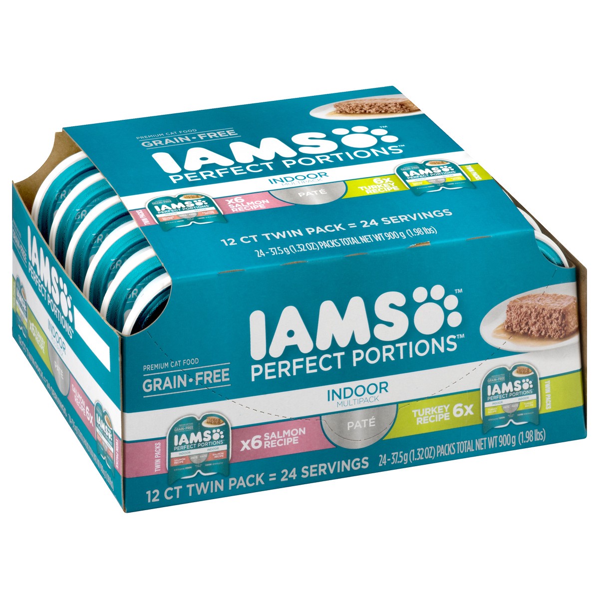 slide 2 of 9, IAMS PERFECT PORTIONS Indoor Adult Grain Free* Wet Cat Food Pate Variety Pack, Salmon Recipe and Turkey Recipe, (12) Easy Peel Twin-Pack Trays, 2.6 oz