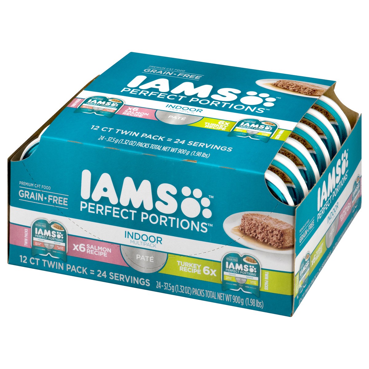 slide 3 of 9, IAMS PERFECT PORTIONS Indoor Adult Grain Free* Wet Cat Food Pate Variety Pack, Salmon Recipe and Turkey Recipe, (12) Easy Peel Twin-Pack Trays, 2.6 oz