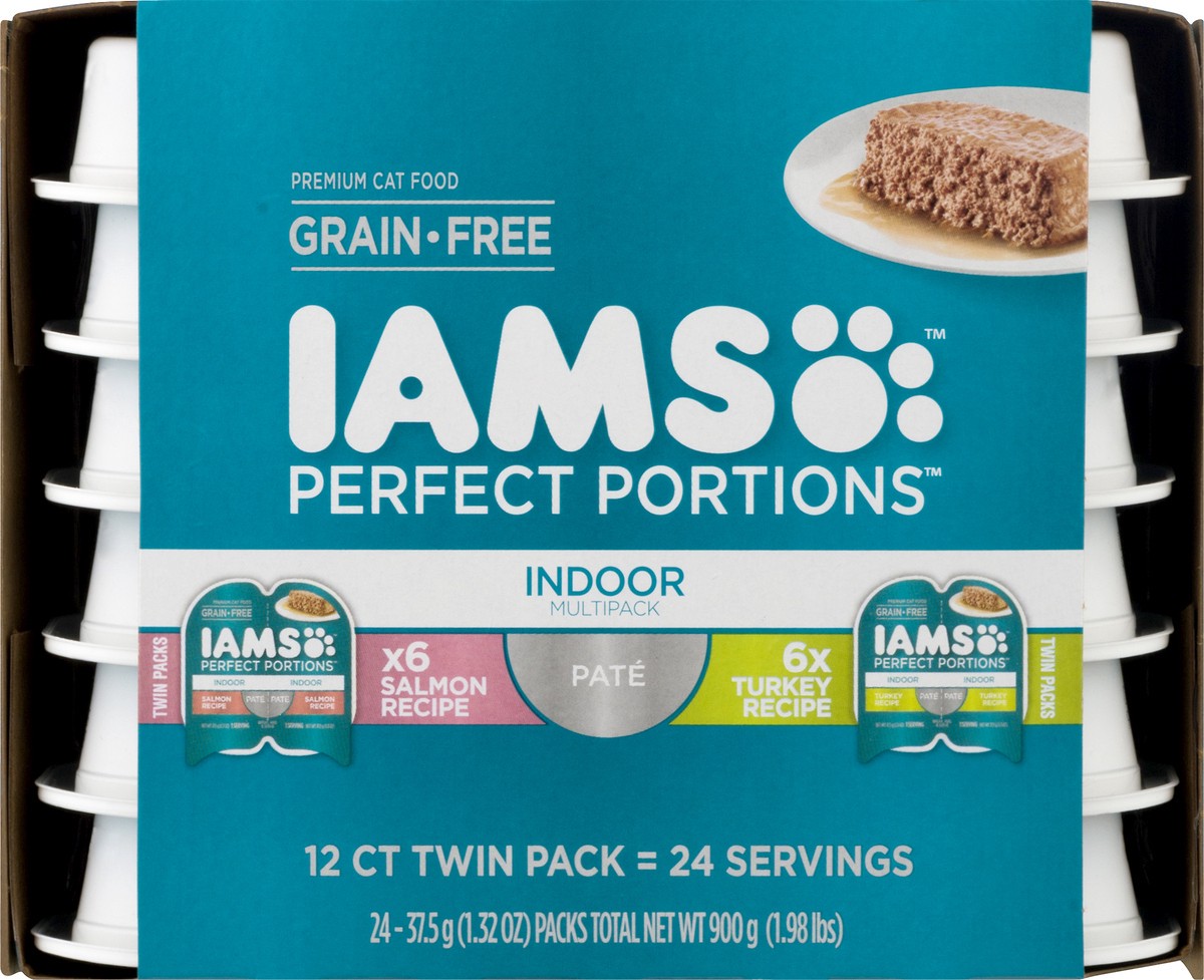 slide 5 of 9, IAMS PERFECT PORTIONS Indoor Adult Grain Free* Wet Cat Food Pate Variety Pack, Salmon Recipe and Turkey Recipe, (12) Easy Peel Twin-Pack Trays, 2.6 oz