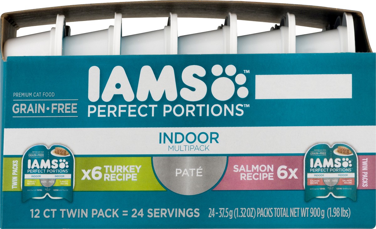 slide 6 of 9, IAMS PERFECT PORTIONS Indoor Adult Grain Free* Wet Cat Food Pate Variety Pack, Salmon Recipe and Turkey Recipe, (12) Easy Peel Twin-Pack Trays, 2.6 oz