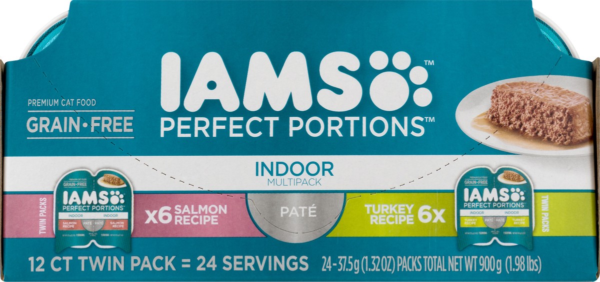 slide 8 of 9, IAMS PERFECT PORTIONS Indoor Adult Grain Free* Wet Cat Food Pate Variety Pack, Salmon Recipe and Turkey Recipe, (12) Easy Peel Twin-Pack Trays, 2.6 oz