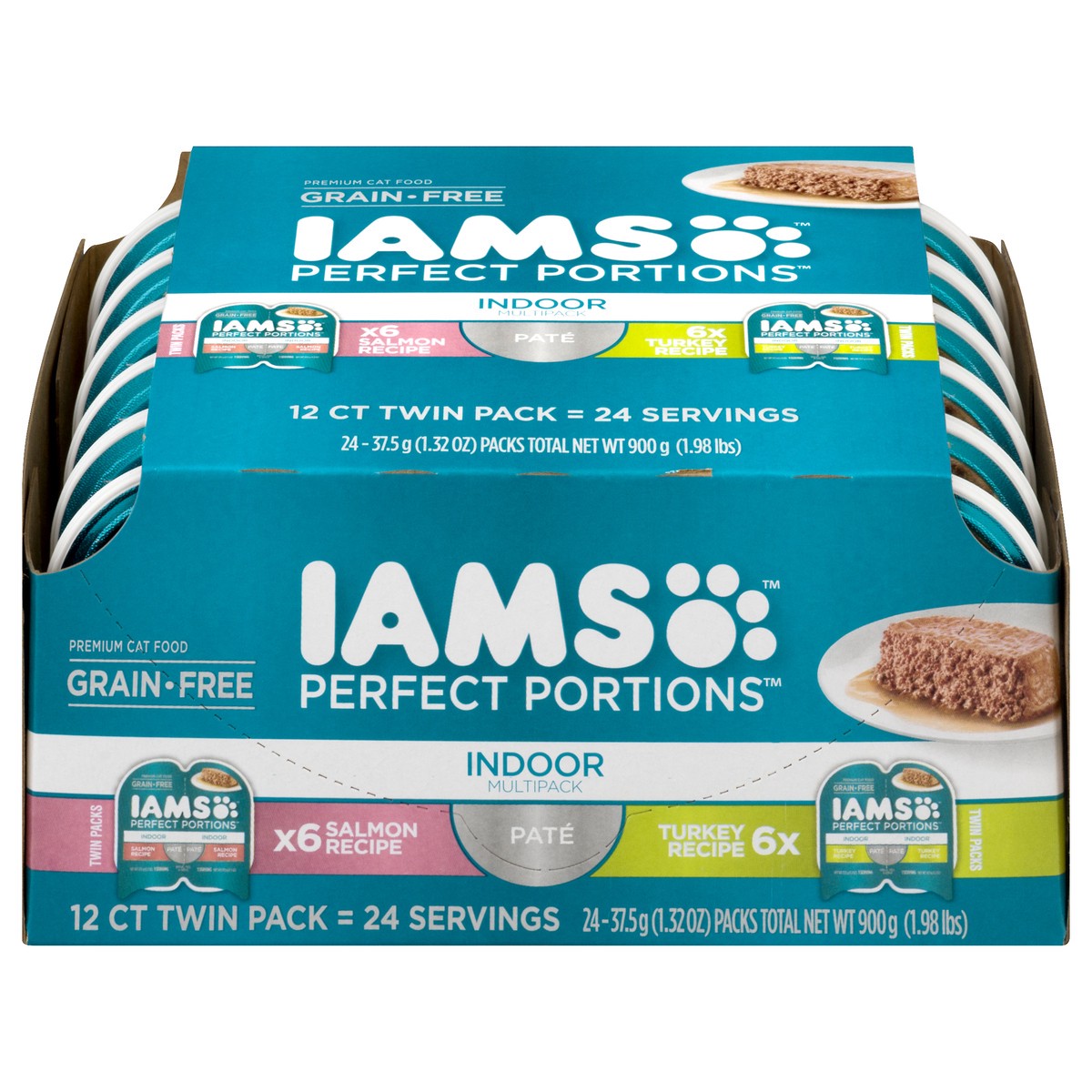 slide 1 of 9, IAMS PERFECT PORTIONS Indoor Adult Grain Free* Wet Cat Food Pate Variety Pack, Salmon Recipe and Turkey Recipe, (12) Easy Peel Twin-Pack Trays, 2.6 oz