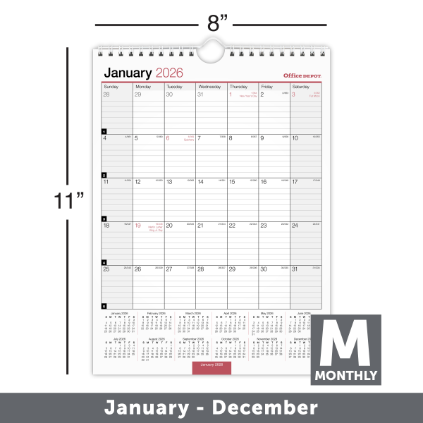 slide 2 of 2, Office Depot Brand Monthly Wall Calendar, 8"" x 11"", White, January 2026 to December 2026, OD30132826, 1 ct