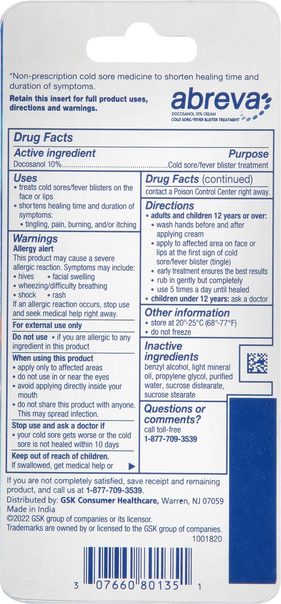 slide 9 of 10, Abreva Docosanol 10% Cream Cold Sore Treatment, Fever Blister and Cold Sore Cream - 0.07 Oz On the Go Pack, 0.07 oz