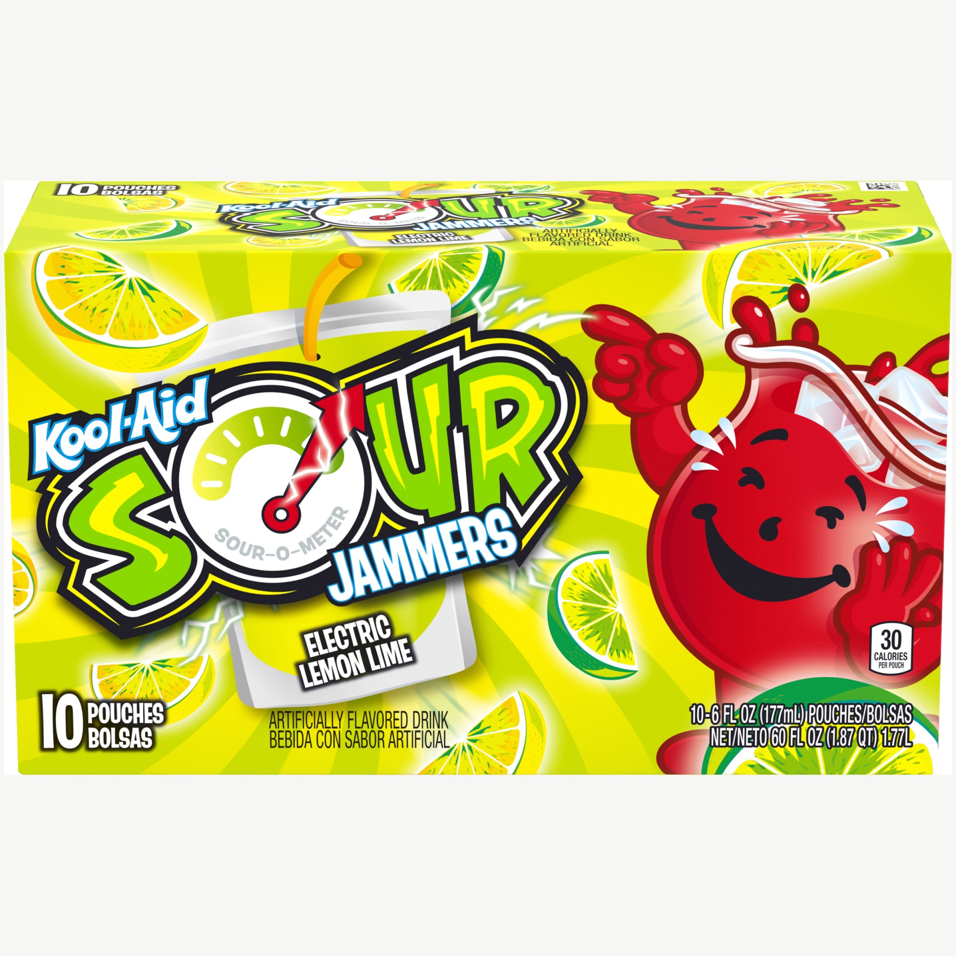 slide 1 of 6, Kool-Aid Sour Jammers Electric Lemon Lime Artificially Flavored Soft Drink Pouches, 60 fl oz