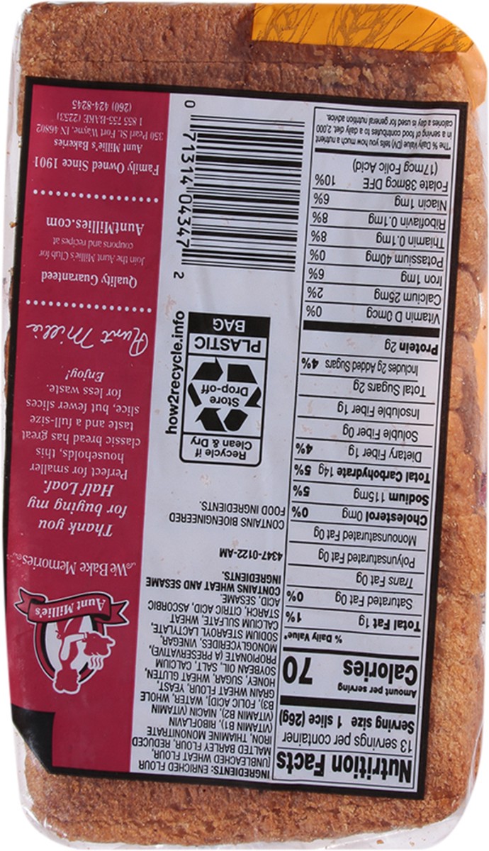 slide 8 of 9, Aunt Millie's Honey Wheat Half Loaf, 12 oz