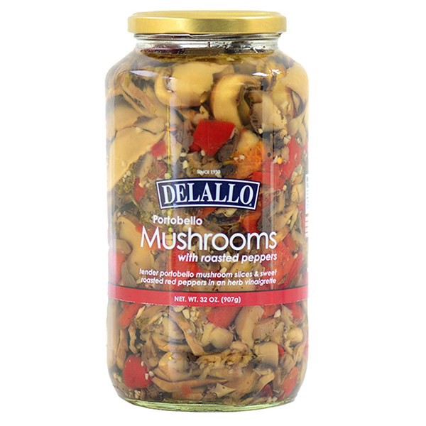 slide 1 of 9, Delallo Portabella Mushrooms W/Red Peppe, 32 oz