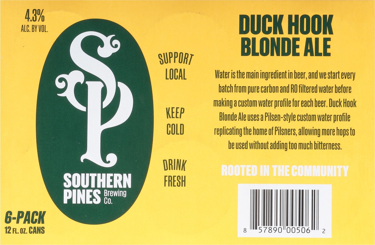 slide 8 of 9, Southern Pines Brewing Co. Blonde Ale Duck Hook Beer 6 - 12 fl oz Cans, 6 ct; 12 oz
