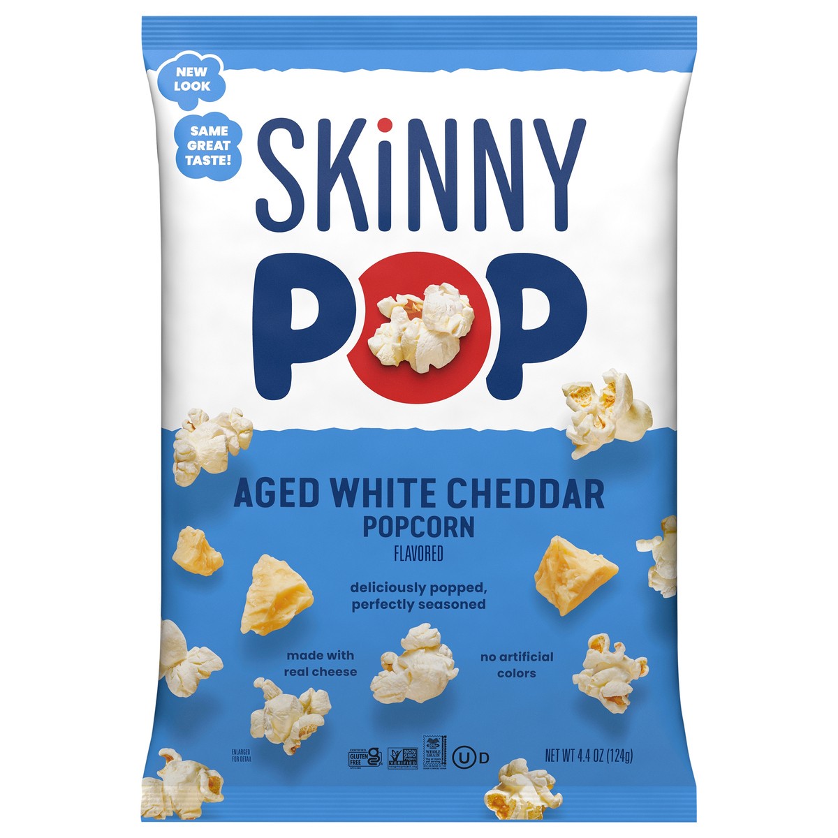 slide 1 of 3, SkinnyPop White Cheddar Popped Popcorn, 4.4 oz grocery size bag, healthy popcorn, gluten free, dairy free, vegan, 4.4 oz