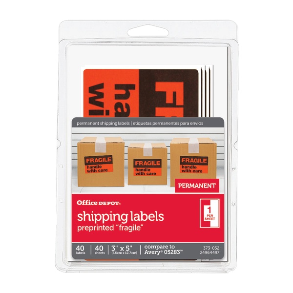 slide 1 of 2, Office Depot Brand Preprinted Permanent Shipping Labels, Od98804, Pack Of 40, 40 ct