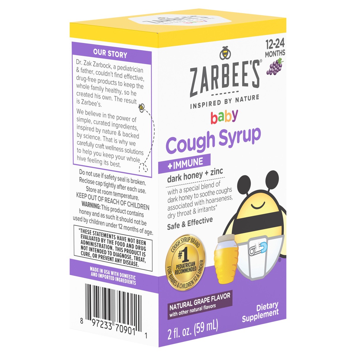 slide 4 of 7, Zarbee's Naturals Baby Cough Syrup + Immune with Dark Honey + Zinc, Natural Grape Flavor, 2 Fl. Oz, 2 fl oz