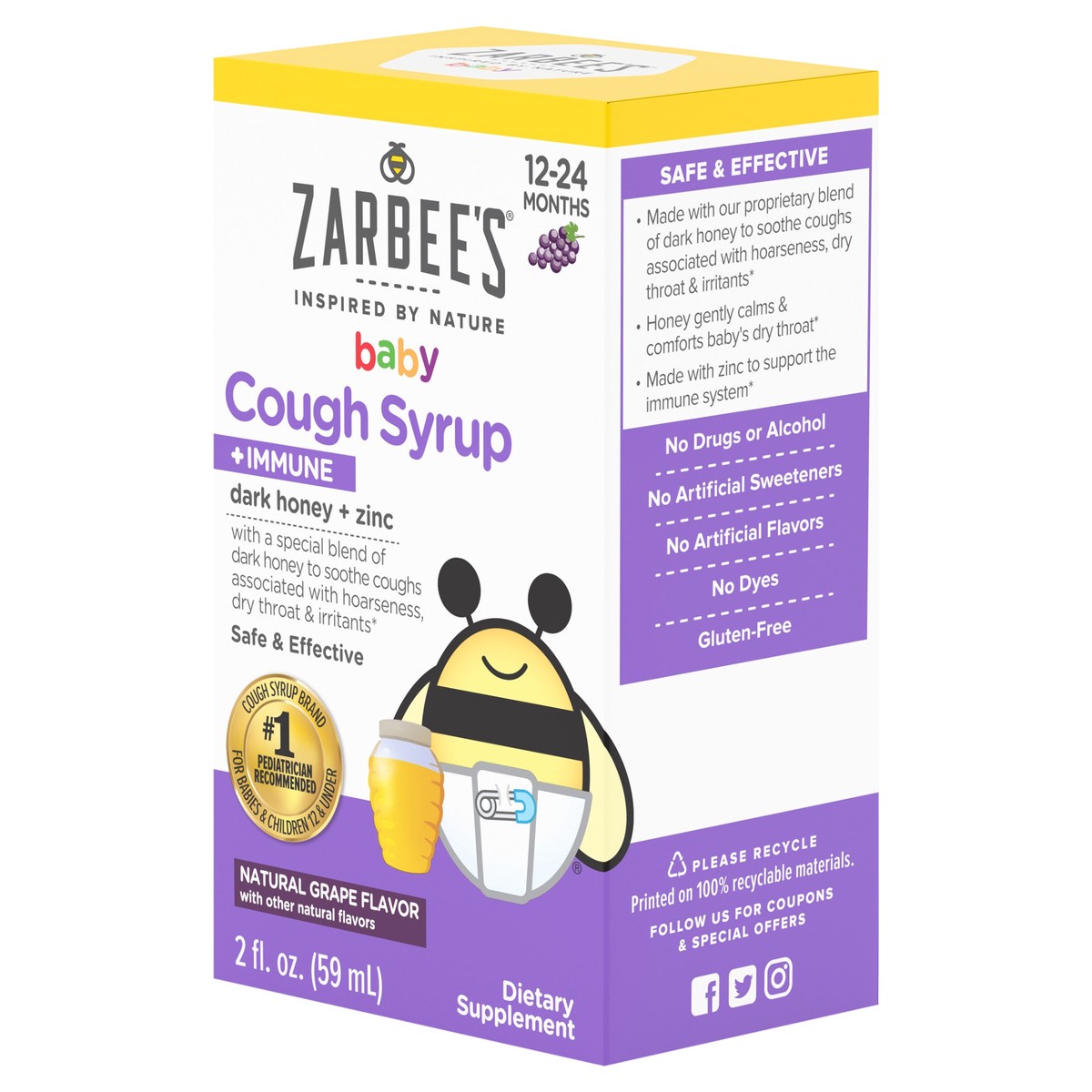 slide 3 of 7, Zarbee's Naturals Baby Cough Syrup + Immune with Dark Honey + Zinc, Natural Grape Flavor, 2 Fl. Oz, 2 fl oz