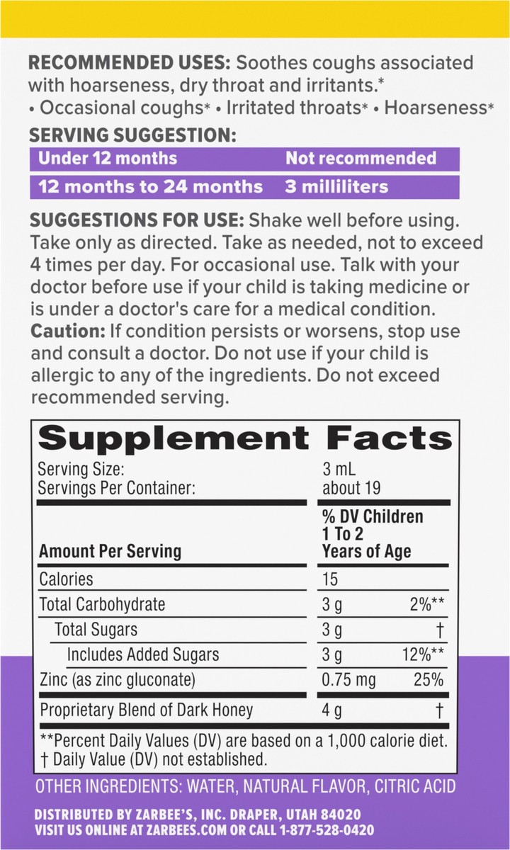 slide 2 of 7, Zarbee's Naturals Baby Cough Syrup + Immune with Dark Honey + Zinc, Natural Grape Flavor, 2 Fl. Oz, 2 fl oz