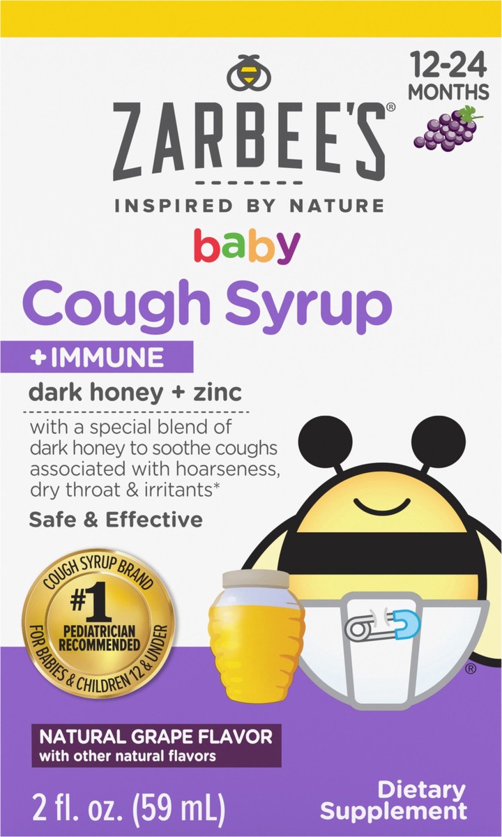 slide 5 of 7, Zarbee's Naturals Baby Cough Syrup + Immune with Dark Honey + Zinc, Natural Grape Flavor, 2 Fl. Oz, 2 fl oz