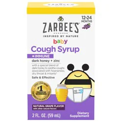 Zarbee's Naturals Baby Cough Syrup + Immune with Dark Honey + Zinc, Natural Grape Flavor, 2 Fl. Oz