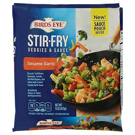 slide 1 of 1, Birds Eye Stir Fry Veggies And Sauce Sesame And Garlic Frozen Vegetables, 15 oz