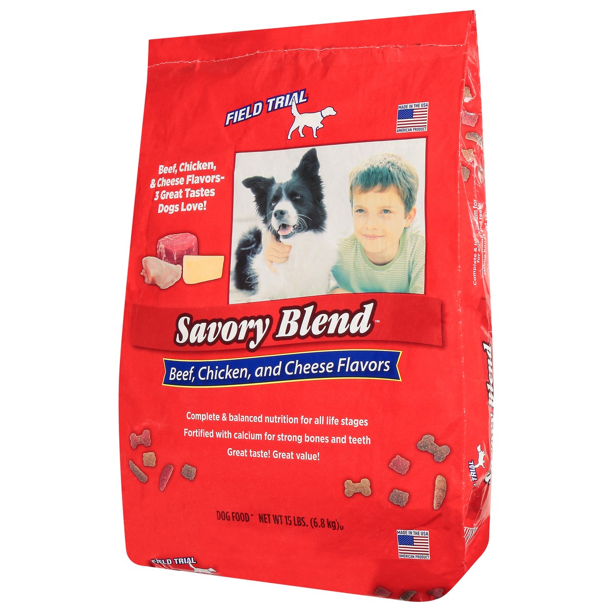 slide 3 of 10, Field Trial Dog Food, Beef, Chicken, and Cheese Flavors, Savory Blend, 15 lb